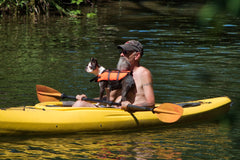 kayaker with a dog in a life vest on a lake