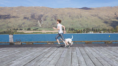 dog and owner running on lake boardwark