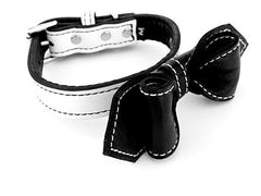 black and white luxury leather bow tie dog collar