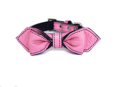 pink luxury leather bow tie dog collar
