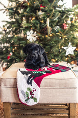 puppy sitting on a stocking in front of a Christmas tree