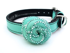 seafoam green luxury leather dog collar with crystal encrusted flower