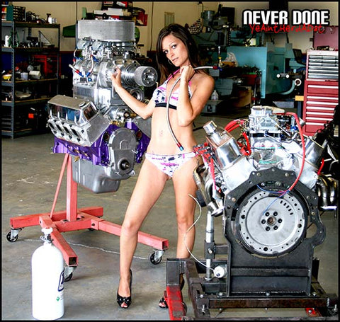 Never Done Girl Mandy with 2 race engines and a nitrous bottle at Thunder Racing Engines