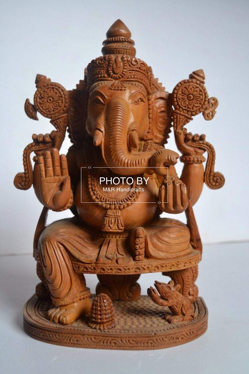 Sandalwood Beautifully Hand Carved Ganesha Sitting Statue – Malji Arts