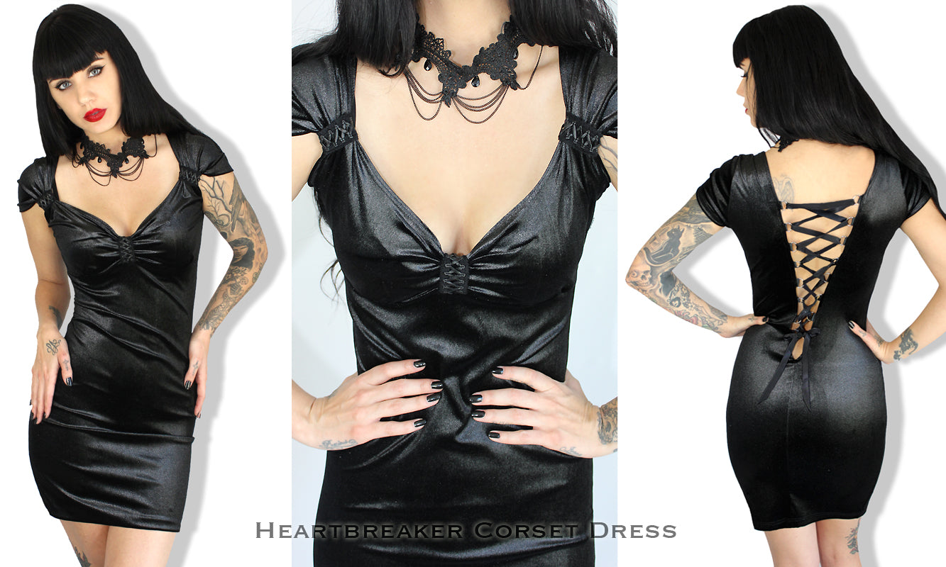 Demi Loon Pinup Clothing, Corset Dress, black velvet dress, corset back dress
