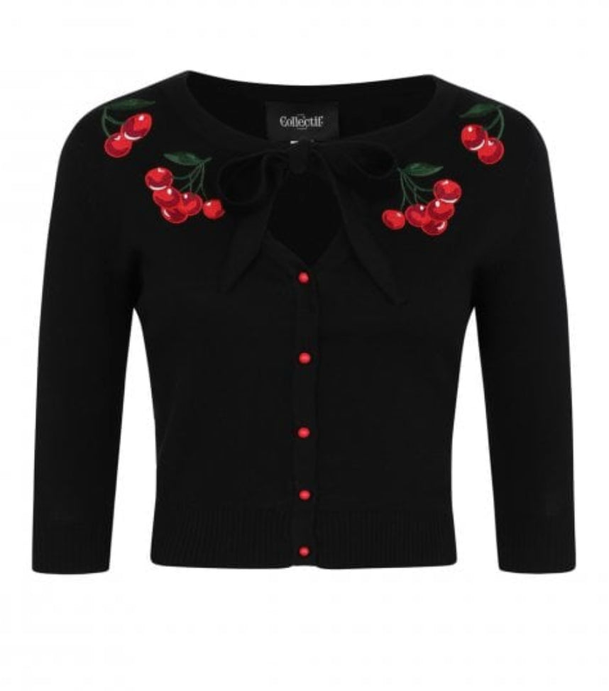 Ladies Black Long Sleeved Round Neck Rockabilly Top with Cherry Cherries Logo 