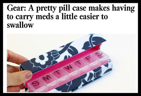 Style Rx designer pill box case featured in the LA Times Travel section as a stylish travel accessory