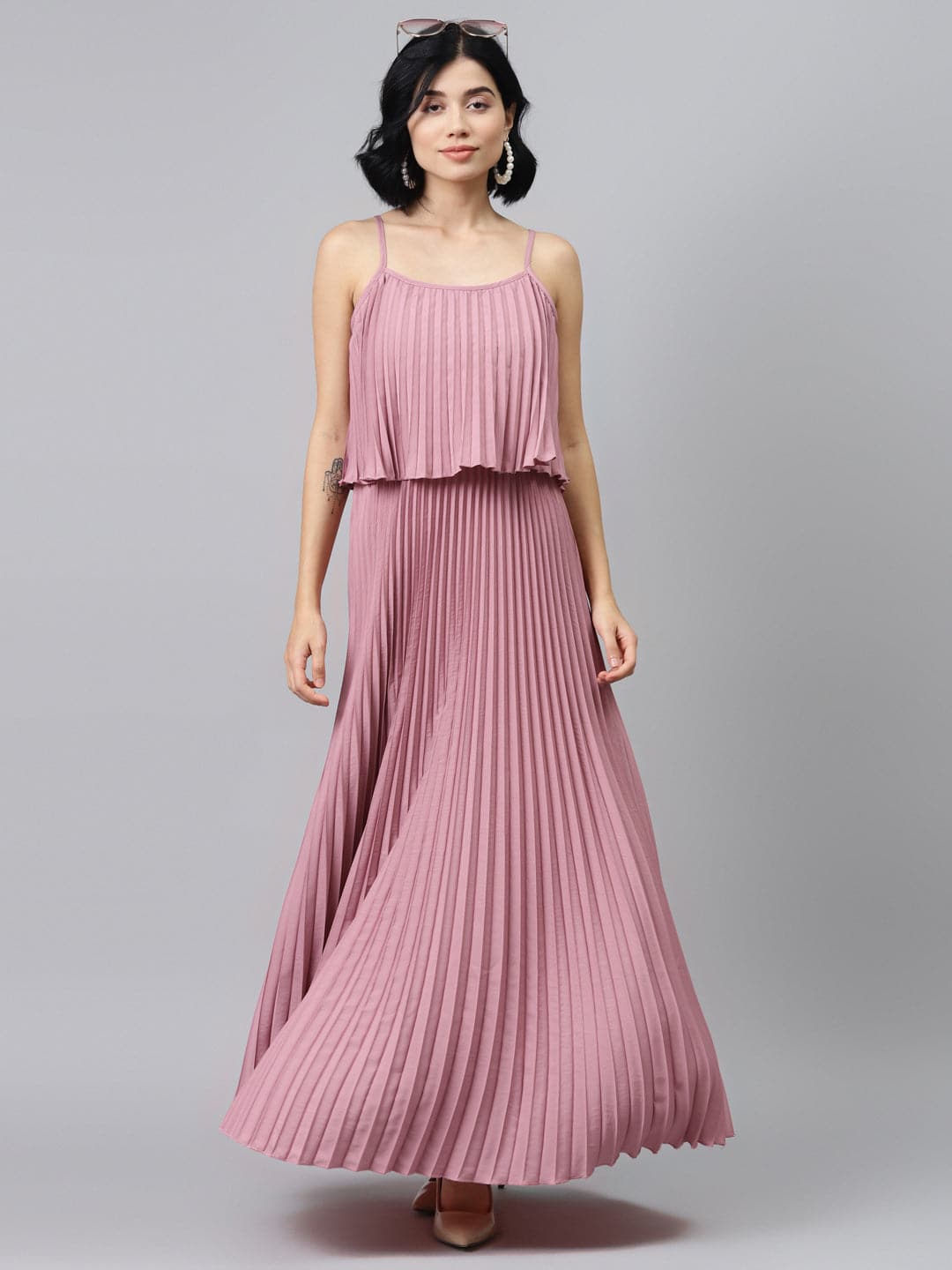Buy Women Baked Pink Strappy Pleated Maxi Dress Online At Best ...