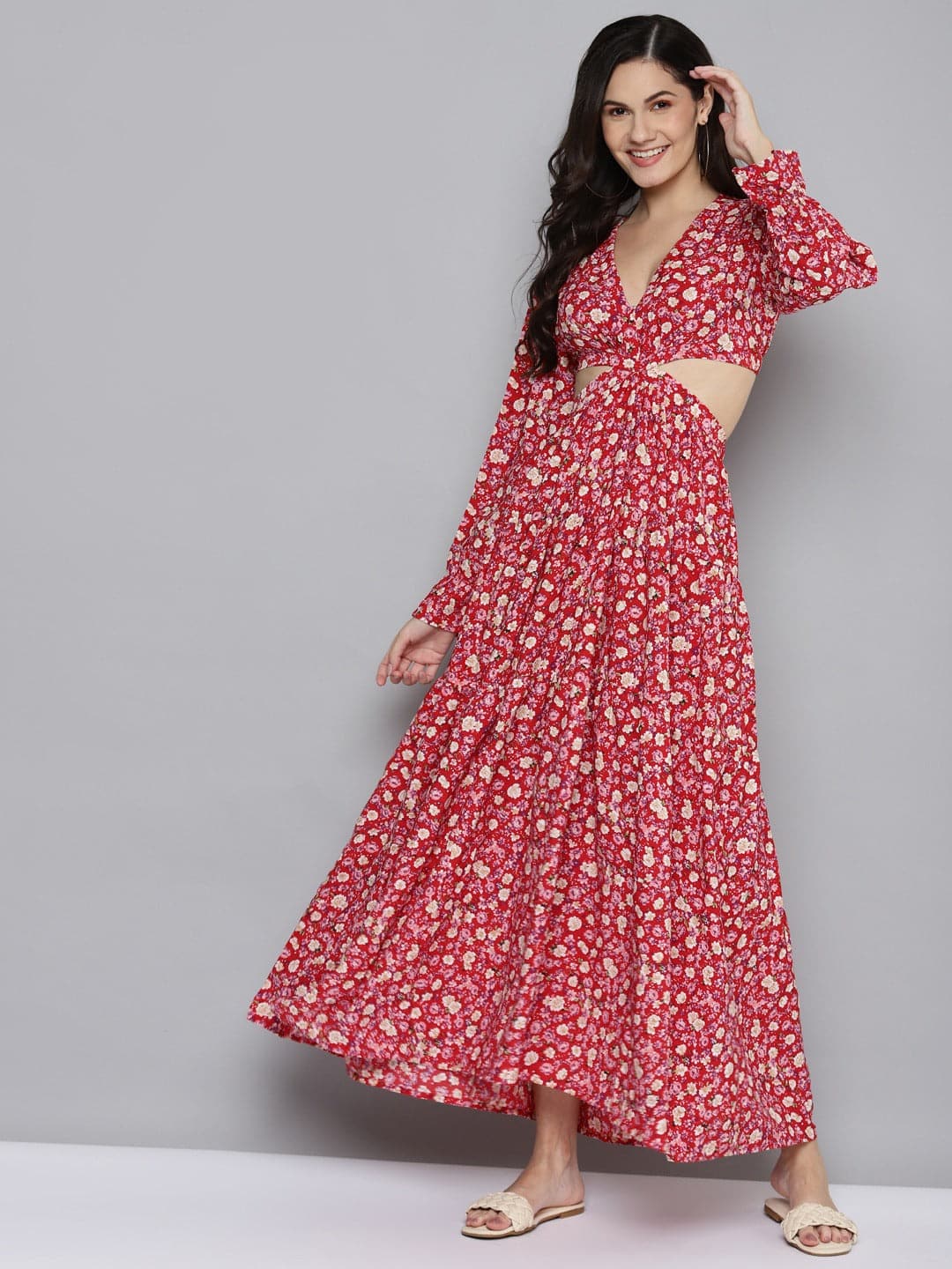 Buy Women Red Ditsy Floral Waist Cut-Out Maxi Dress Online at ...