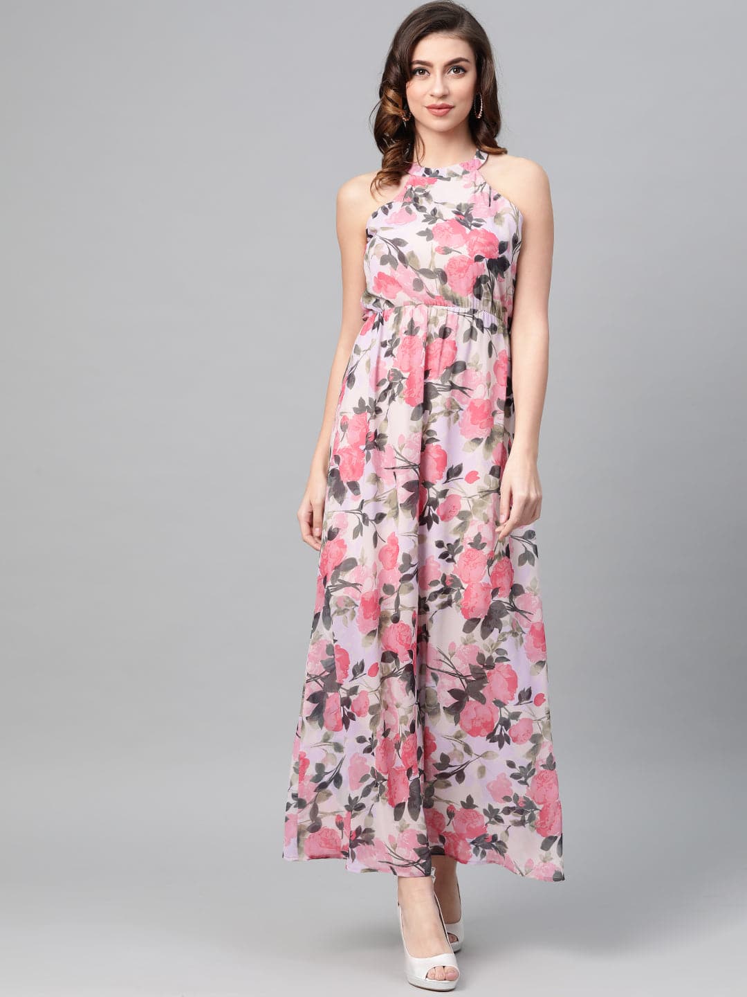 Buy Women Beige Floral Halter Neck Maxi Dress Online At Best Price ...