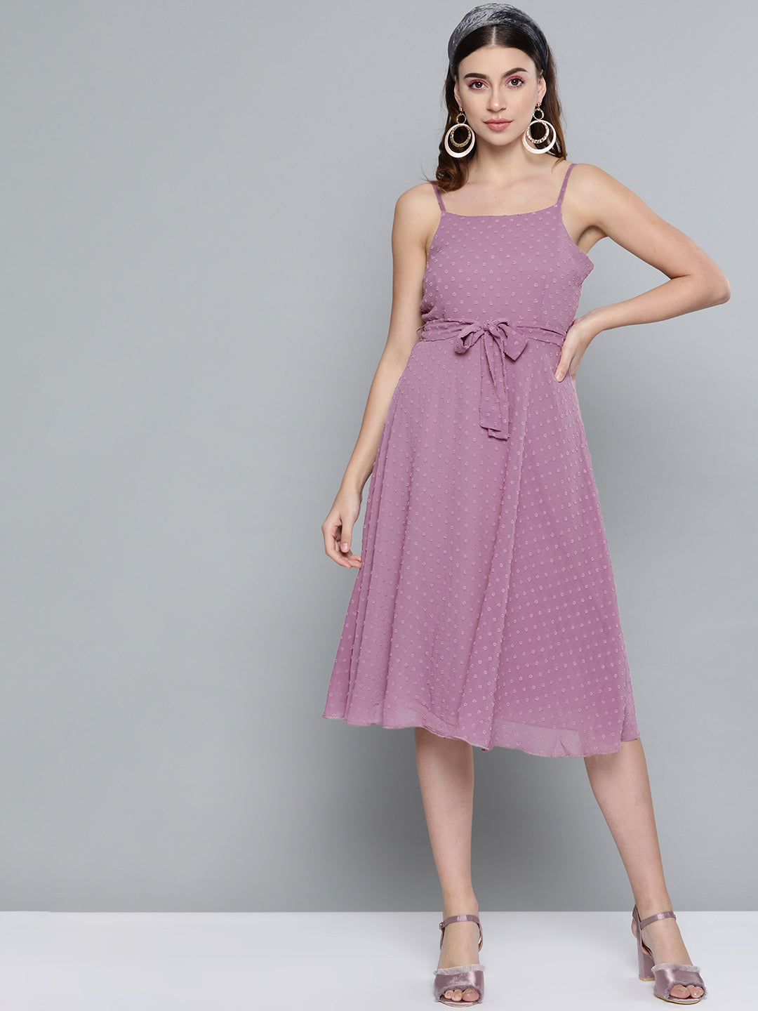 Buy Women Purple Dobby Strappy Belted Midi Dress Online At Best ...