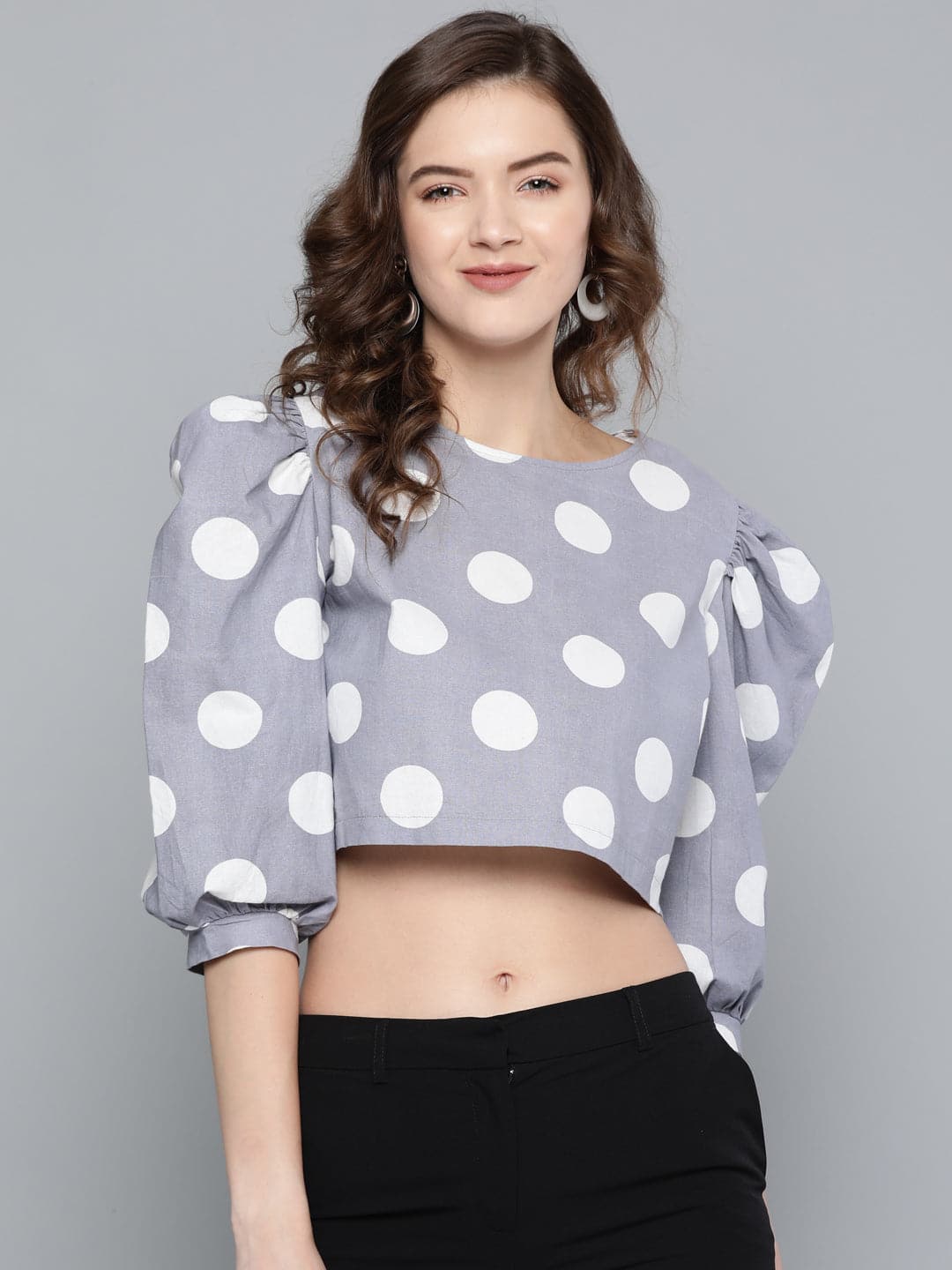 Buy Women Grey & White Polka Puff Sleeve Crop Top Online At Best ...