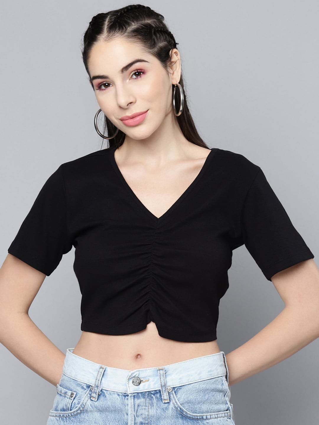 Buy Women Black Ruched Front Rib Crop Top Online At Best Price ...