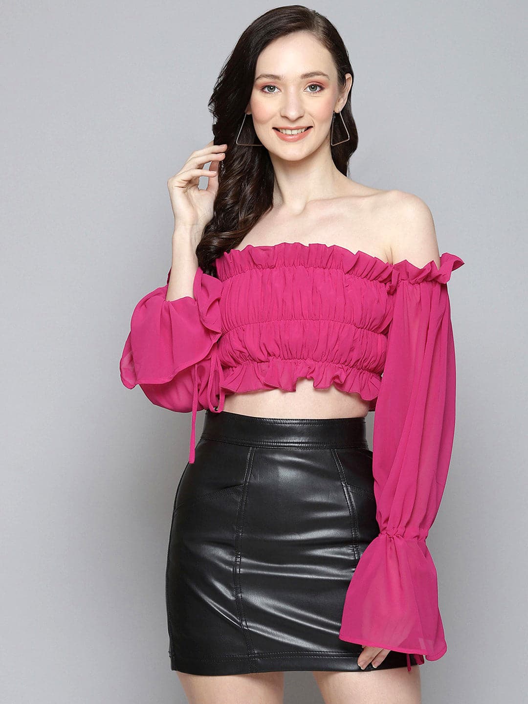 Buy Women Fuchsia Off Shoulder Ruched Crop Top Online at Sassafras