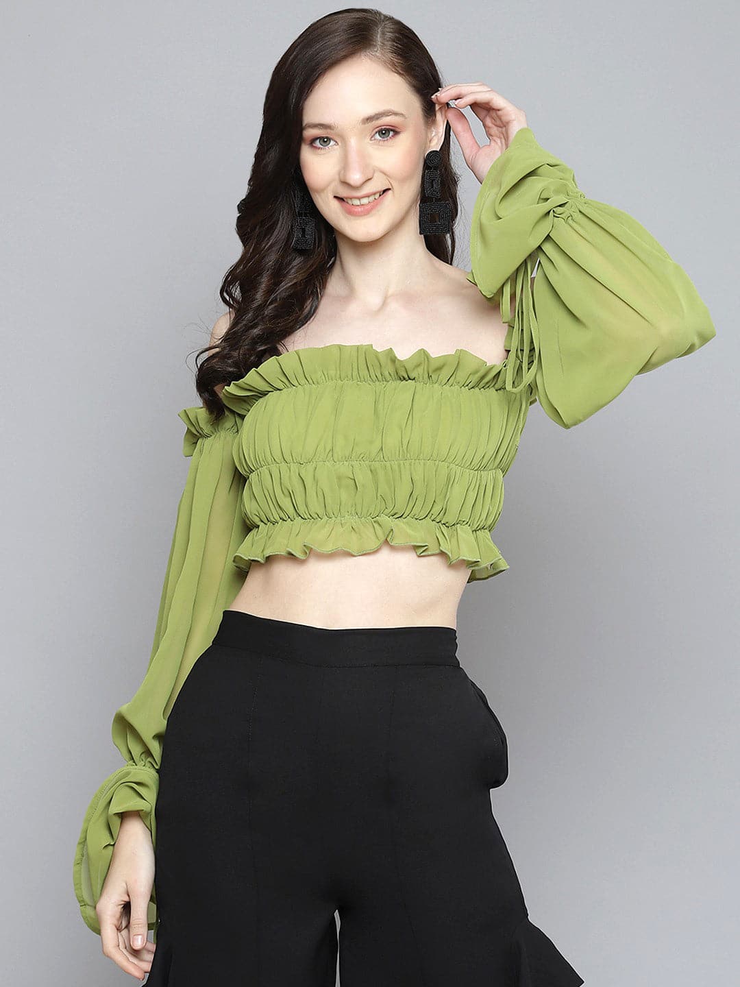 Buy Women Green Off Shoulder Ruched Crop Top Online at Sassafras