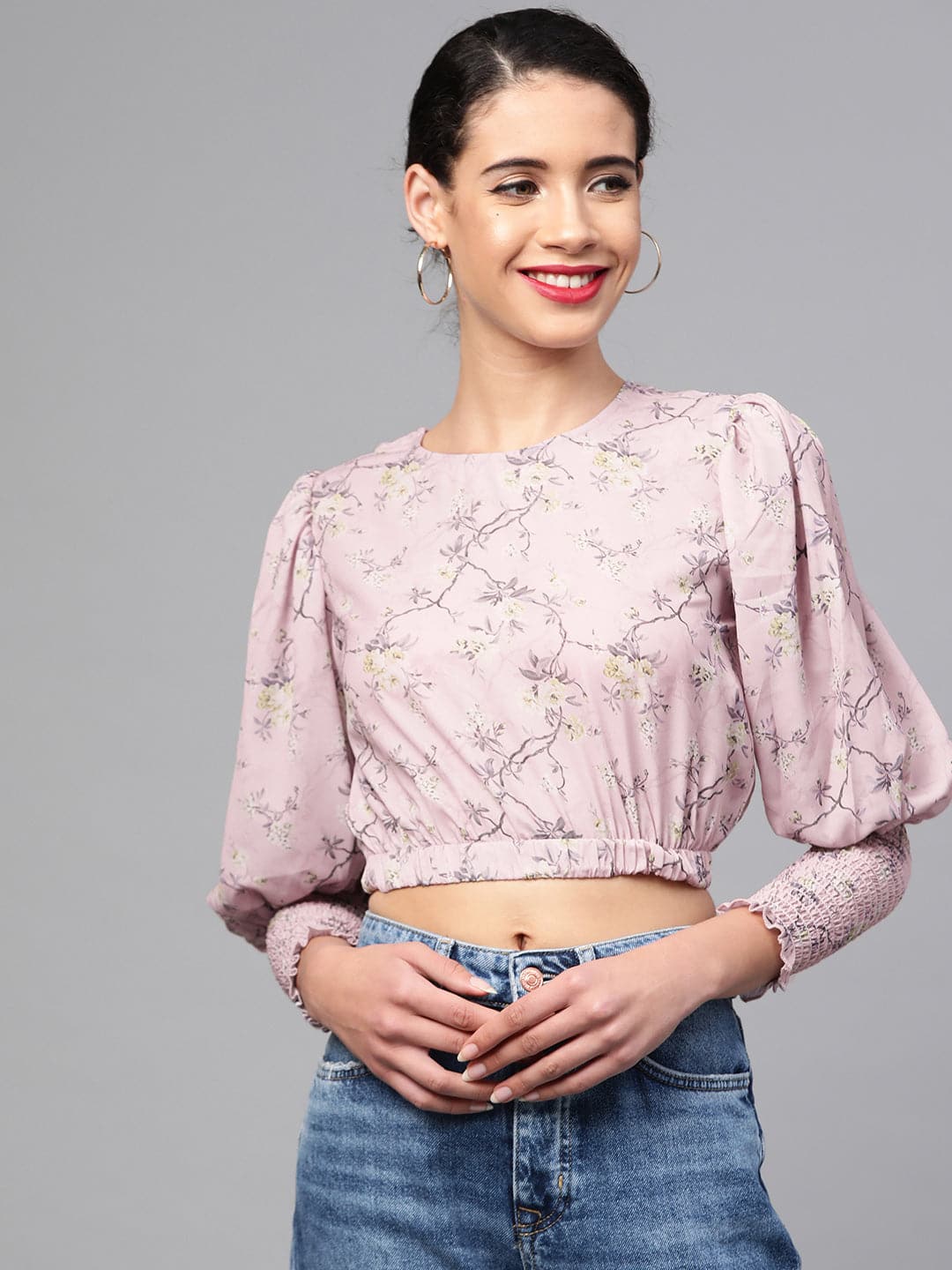 Buy Women Lilac Floral Smocking Sleeve Crop Top Online At Best ...