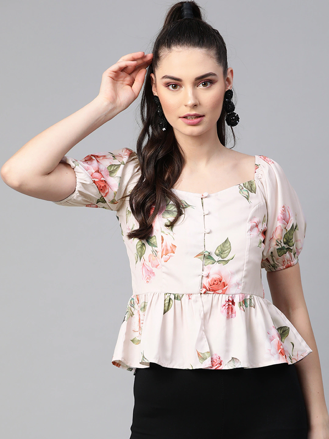 Buy Women Nude Floral Front Button Peplum Top Online At Best Price ...
