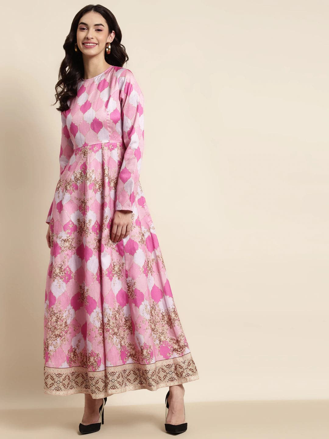 Buy Pink Mughal Floral Full Sleeves Anarkali Maxi Dress Online At ...