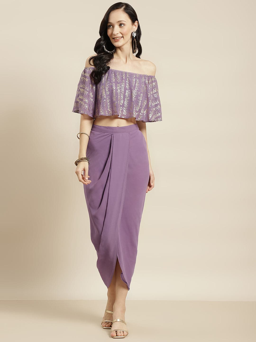 Buy Women Purple Shloka Foil Crop Top With Dhoti Skirt Online at ...