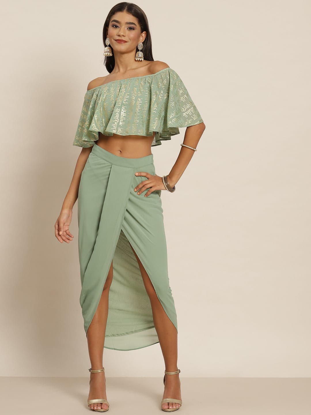 Buy Women Green Shloka Foil Crop Top With Dhoti Skirt Online at ...