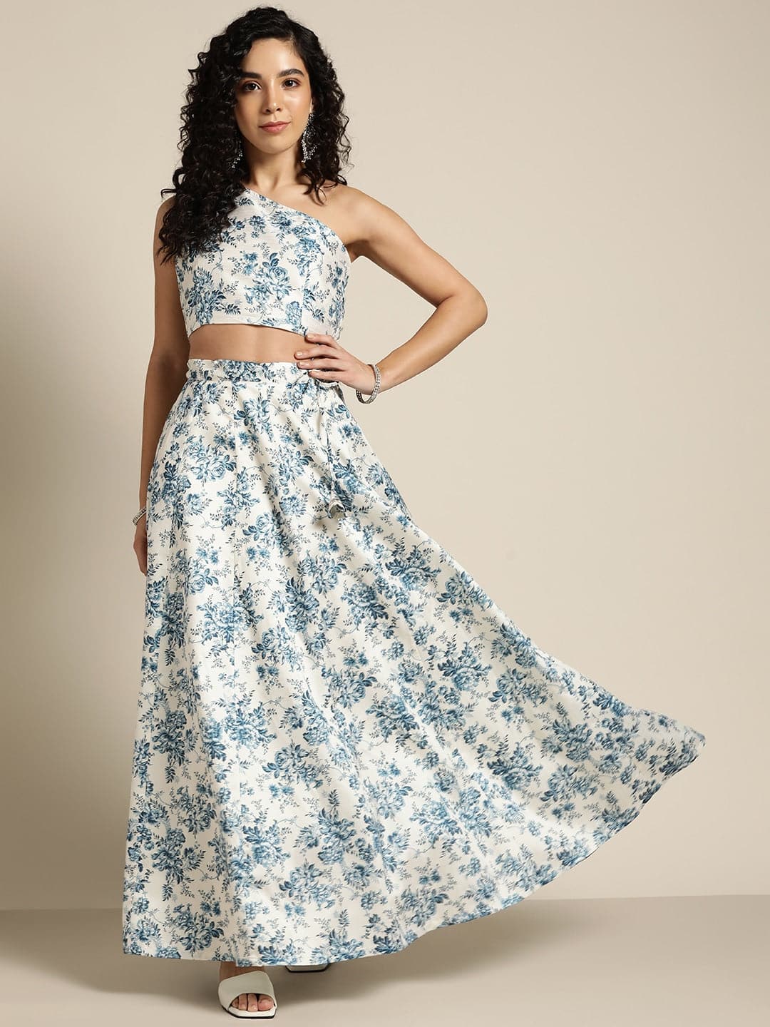 Buy Women Blue Floral Chanderi Crop Top With Anarkali Skirt Online ...