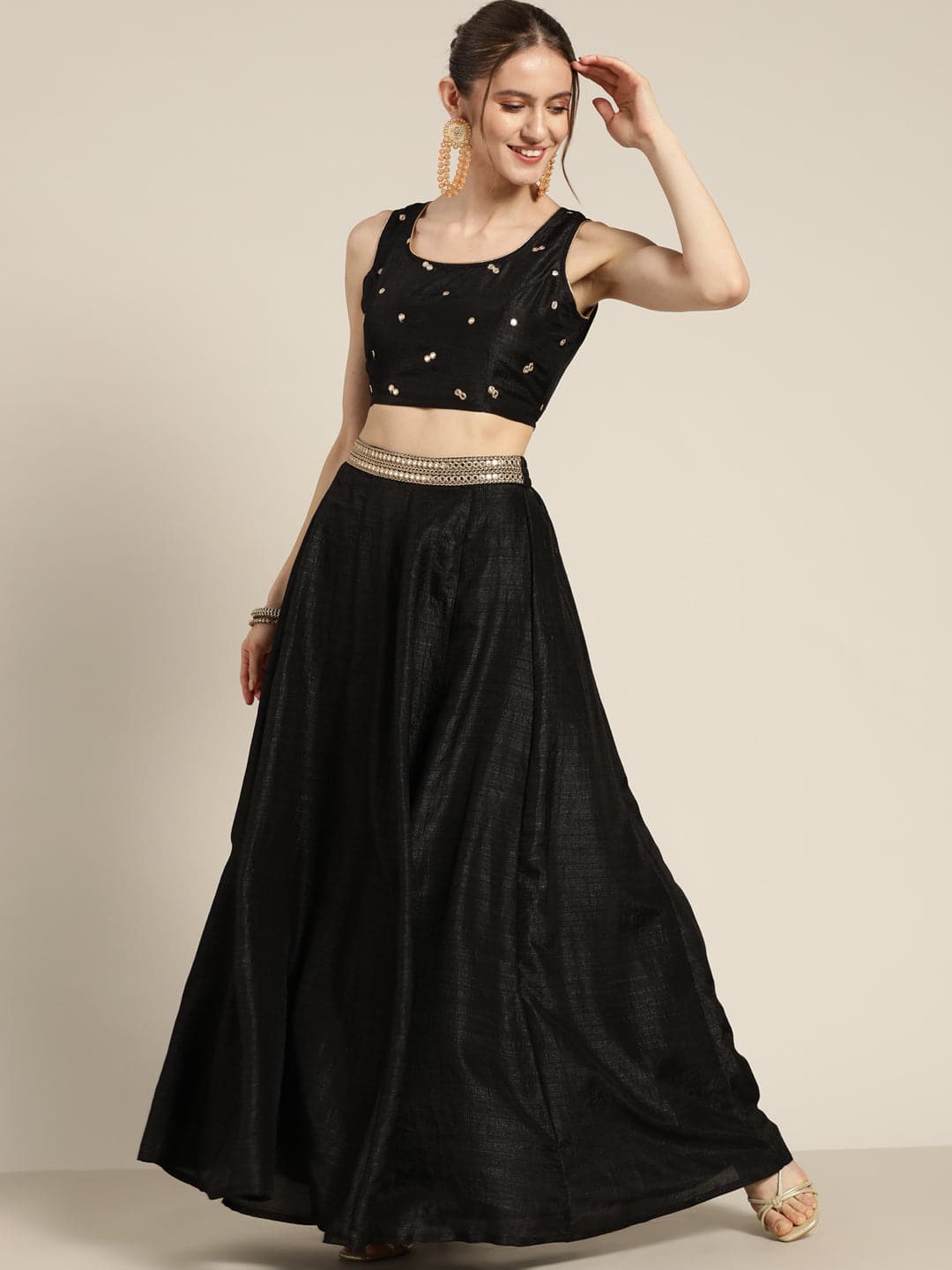 Buy Women Black Mirror Embroidered Top With Anarkali Skirt Online ...
