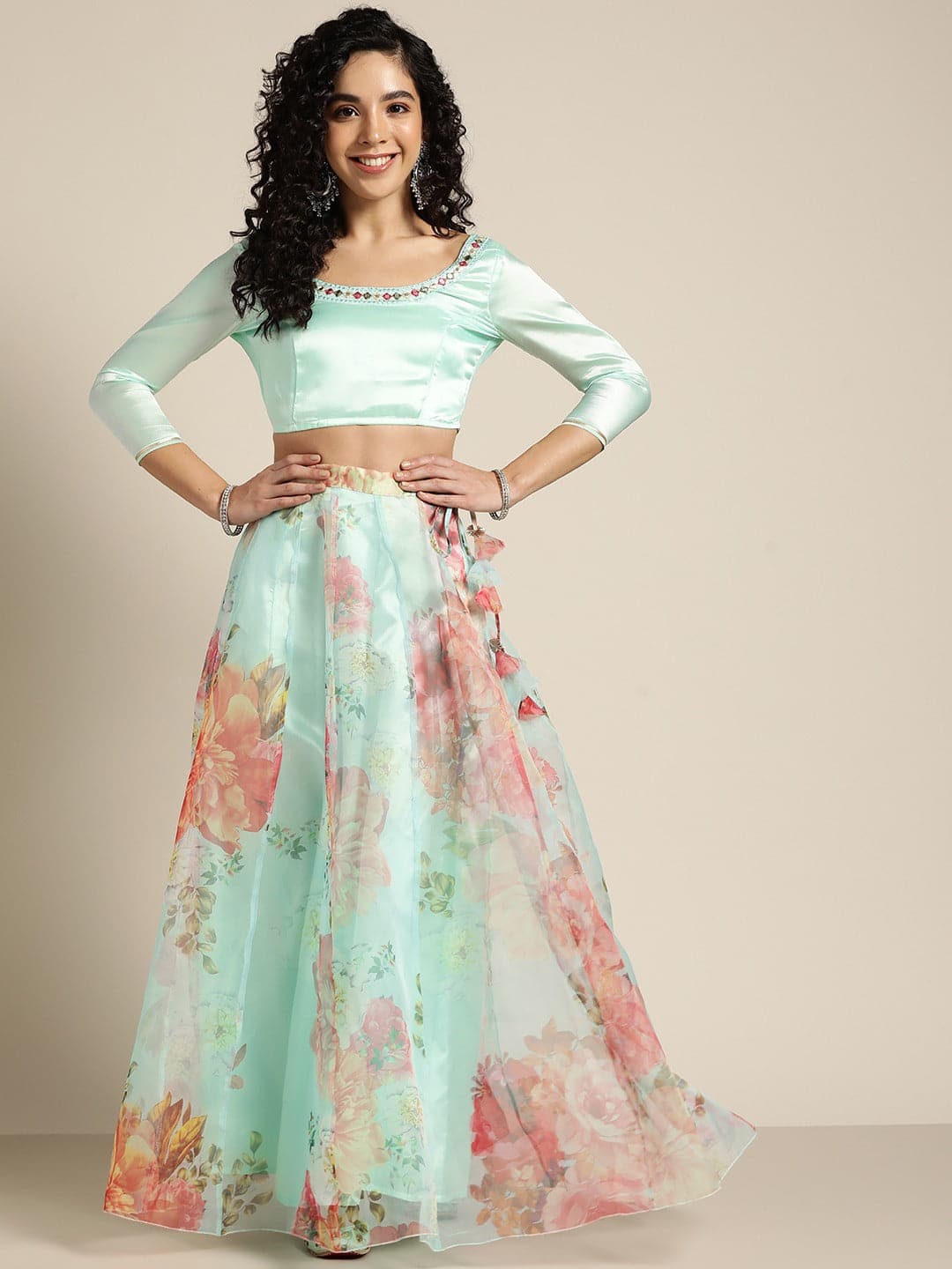 Buy Women Sea Green Organza Crop Top With Anarkali Skirt Online at ...