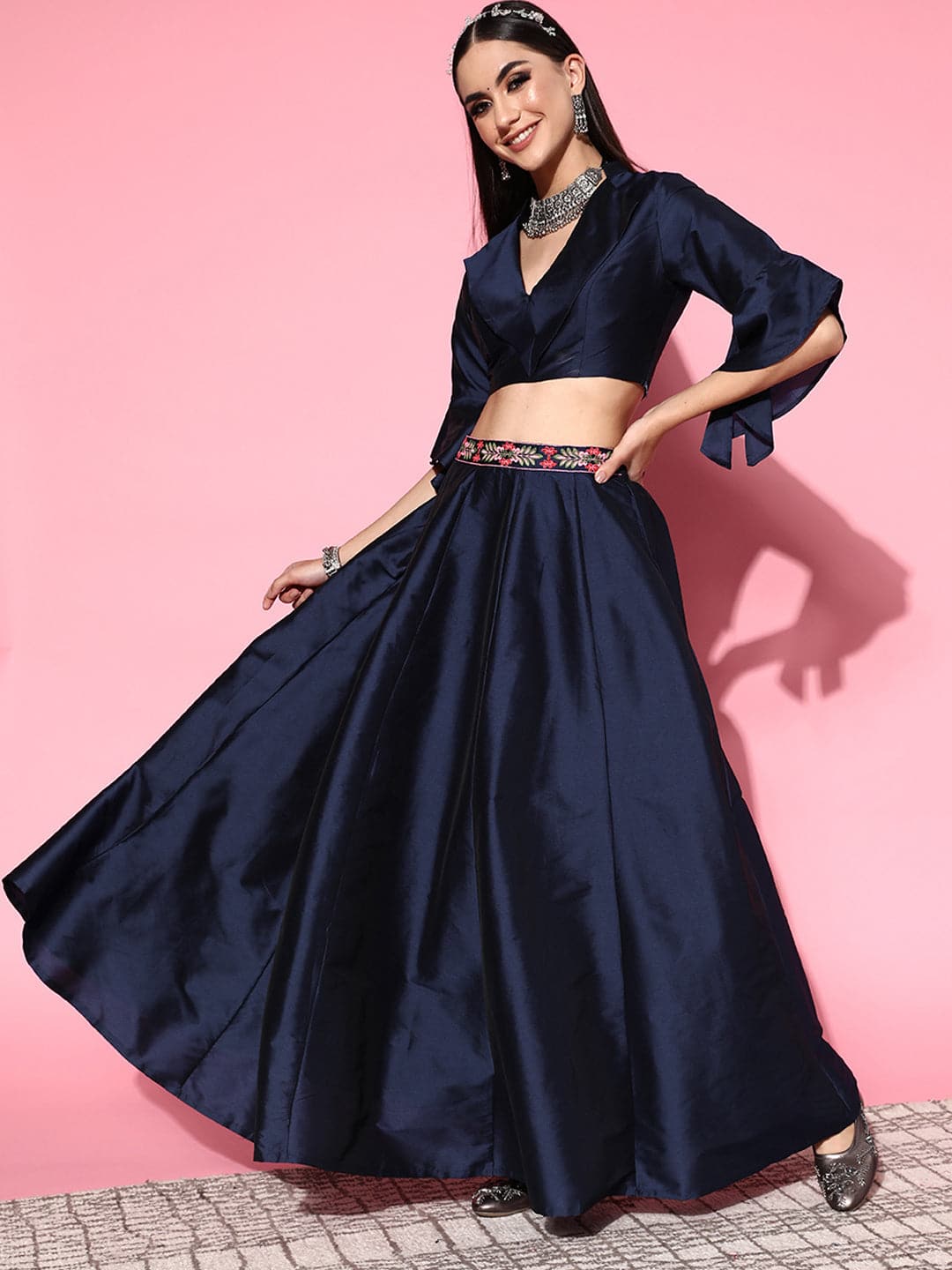 Buy Women Navy Notched Crop Top With Anarkali Skirt Online at ...
