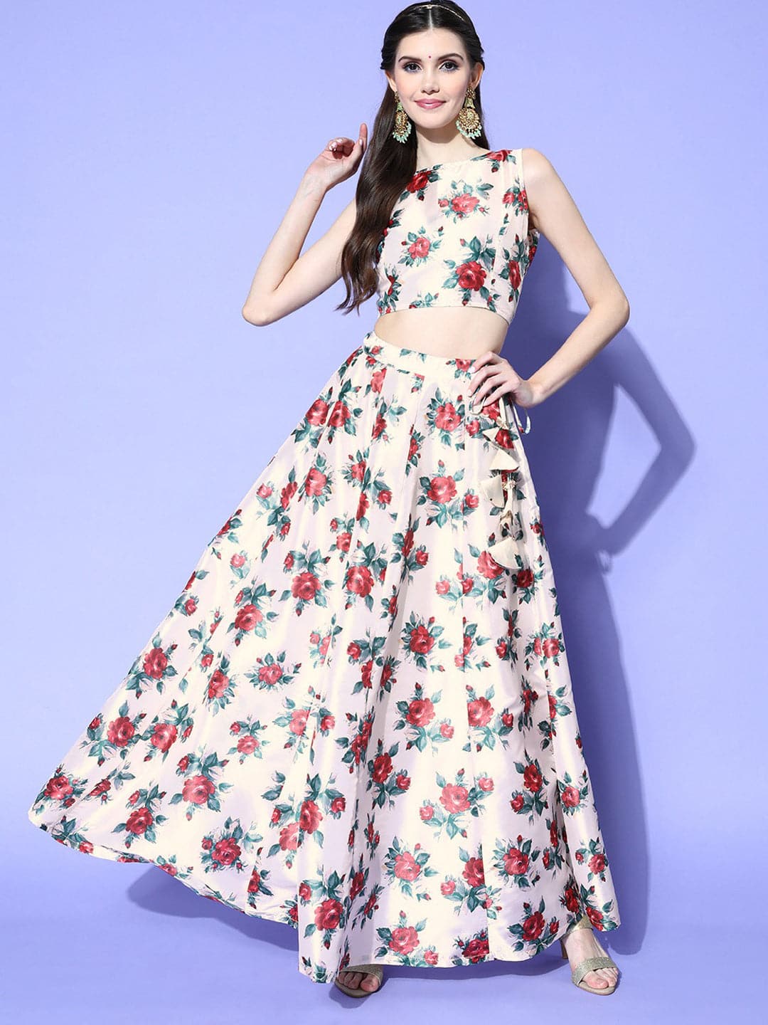 Buy Women Cream Floral Crop Top with Anarkali Skirt Online at ...