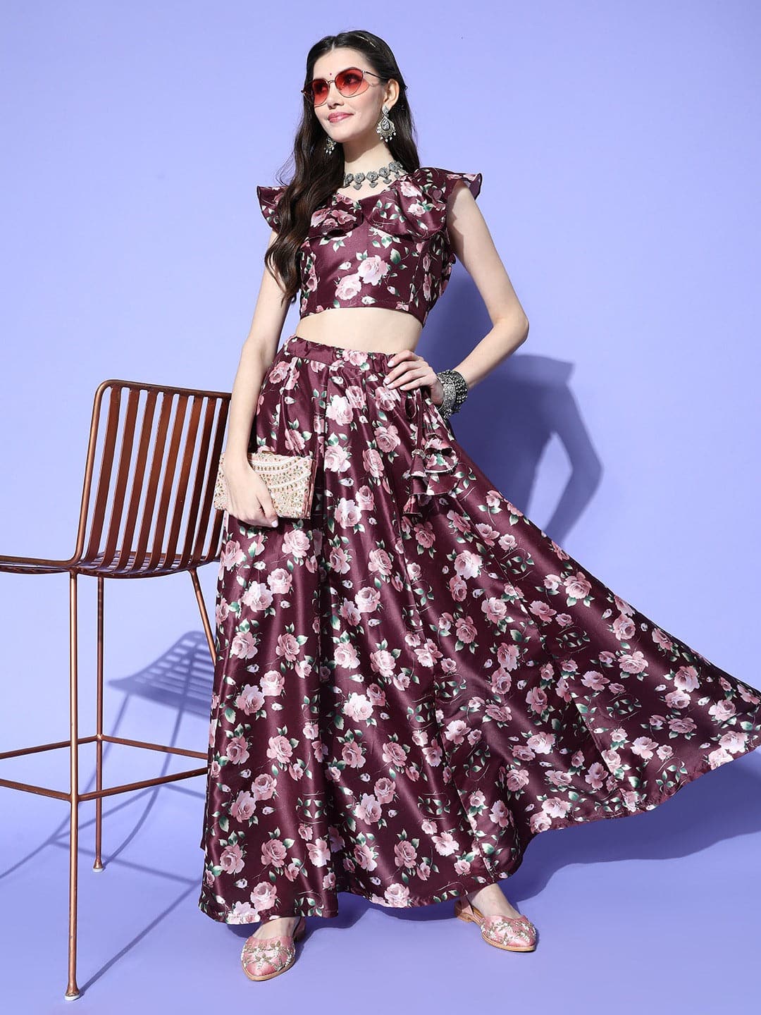 Buy Women Burgundy Floral Layered Crop Top With Anarkali Skirt ...
