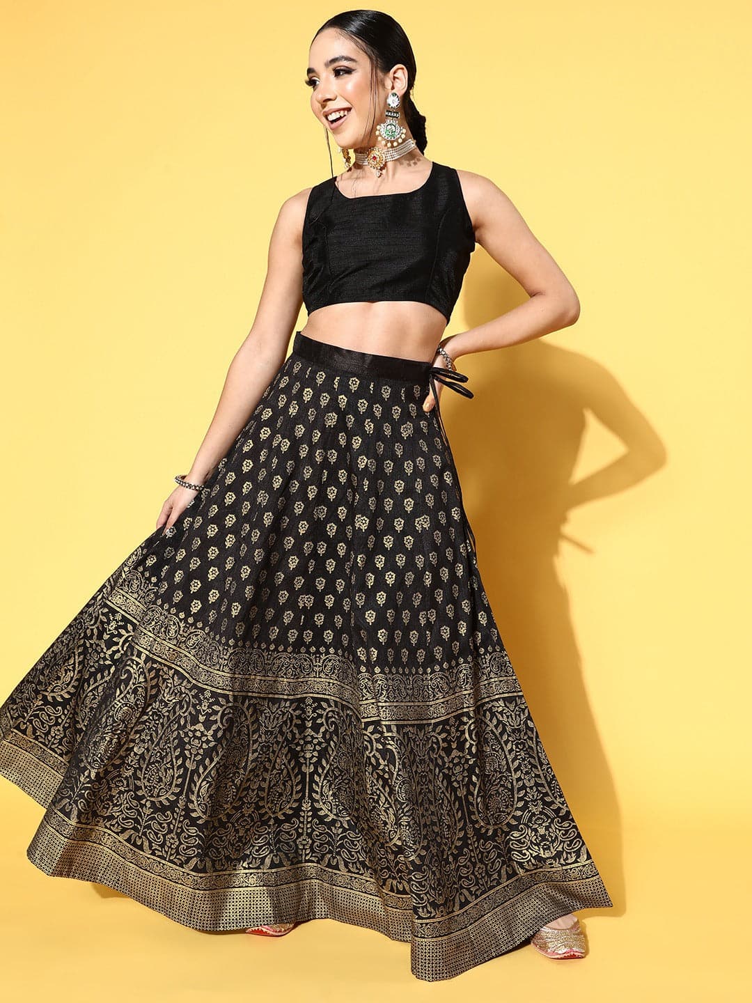 Buy Women Black Crop Top With Paisley Foil Anarkali Skirt Online ...