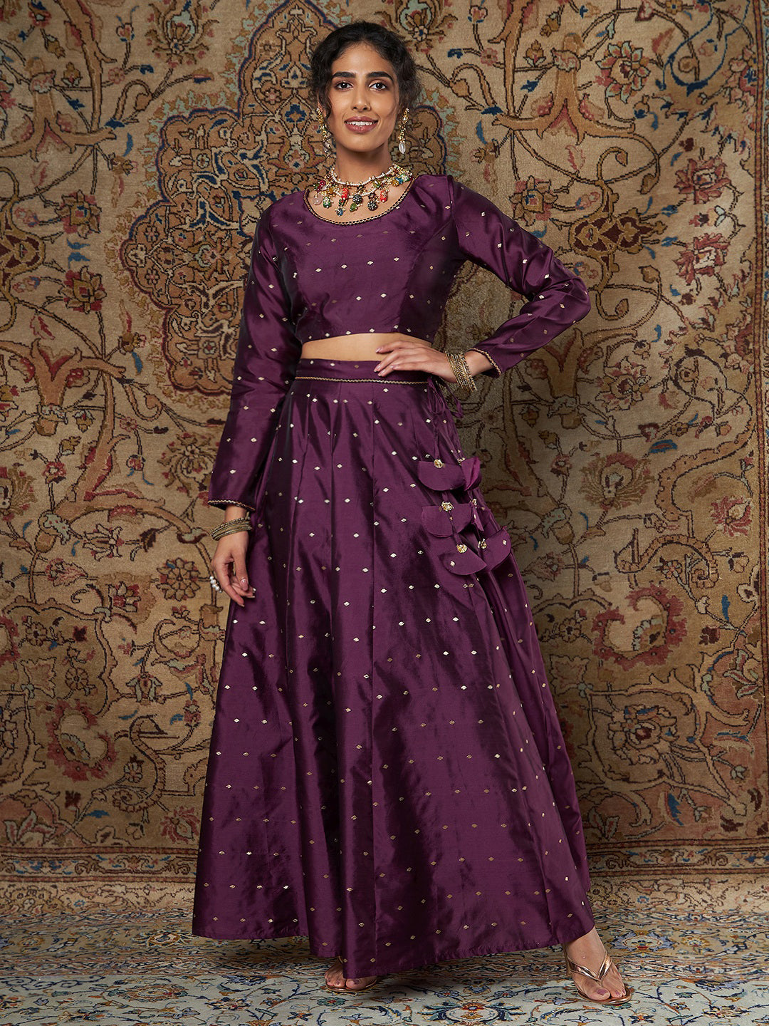 Buy Women Purple Jacquard Crop Top With Anarkali Skirt Online at ...