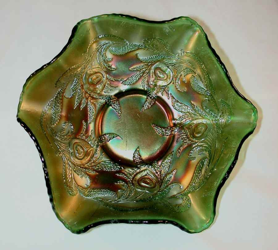 Vintage Carnival Glass Iridescent Green Ruffled Bowl Fenton S Hearts A Giamer Antiques And