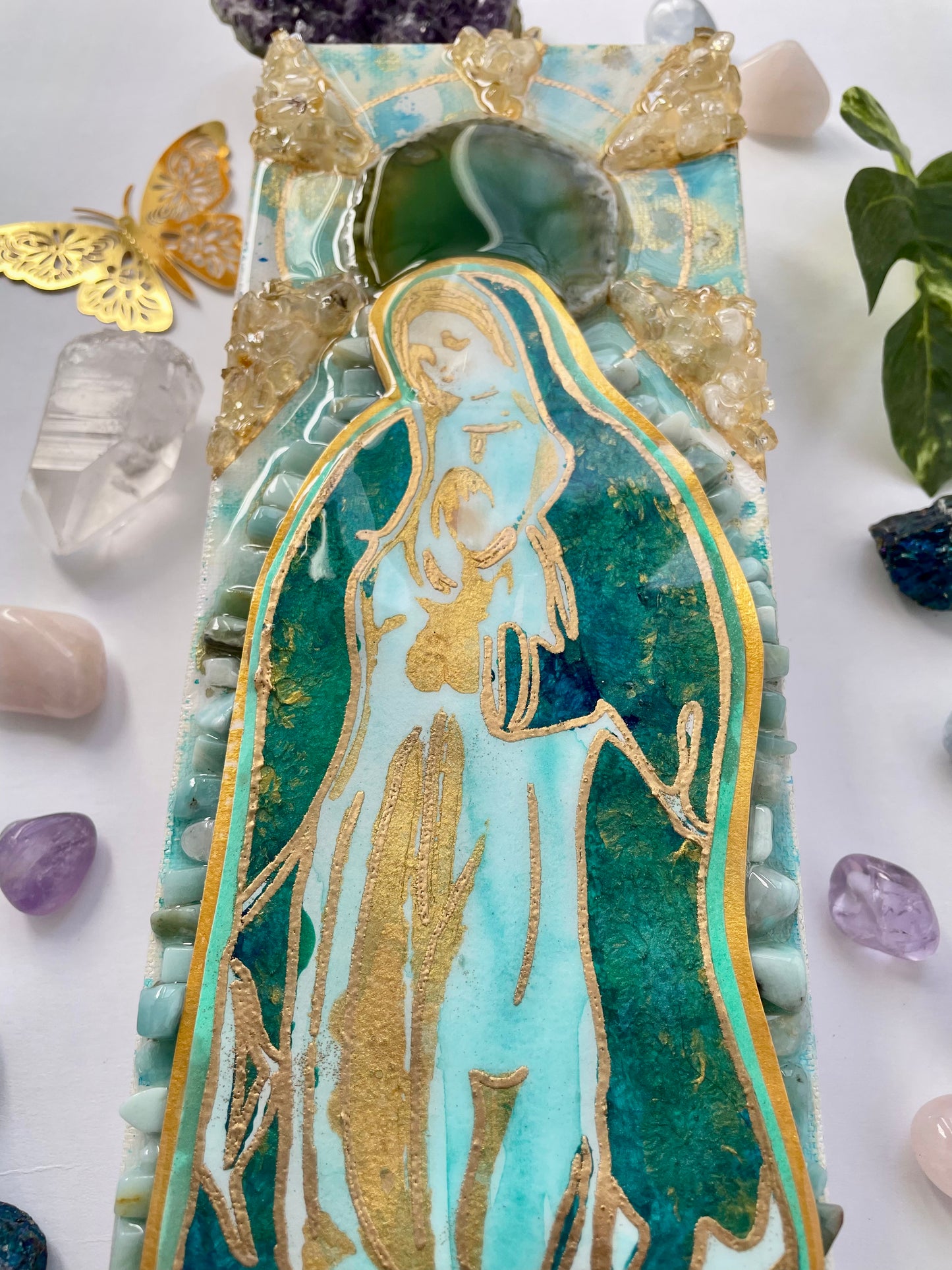 Holy Mother Mary Cosmic Mother Universal Mother Virgin Mary painting with Amazonite, agate and Crystals wall art
