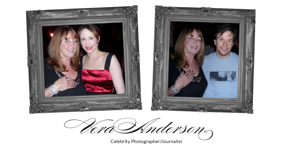 Vera Anderson, Celebrity Photographer/Journalist, pictured with Vera Farmiga and Mark Walhberg while wearing Vintage Bling Jewellery