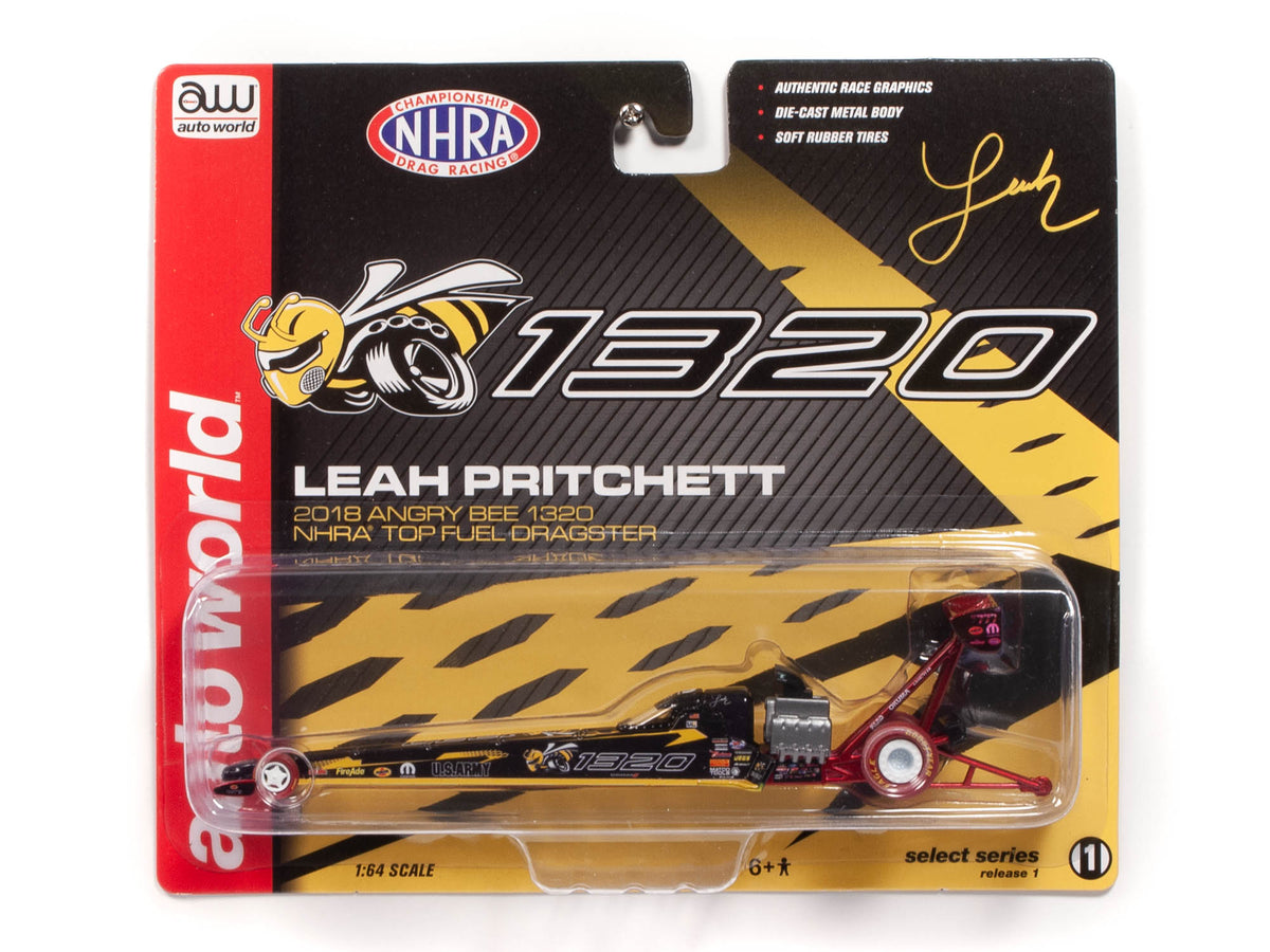 2018 Funny Car NHRA Leah Pritchett TFD Top Fuel Dragster Angry Bee 1320 1/24 Diecast Model Car by Autoworld 