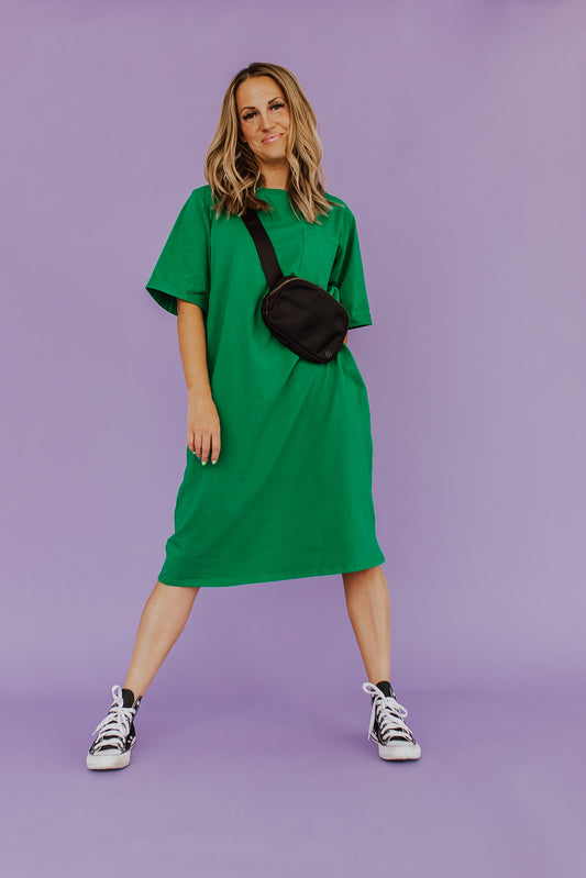 THE EASY DOES IT POCKET T-SHIRT DRESS BY PINK DESERT IN KELLY GREEN