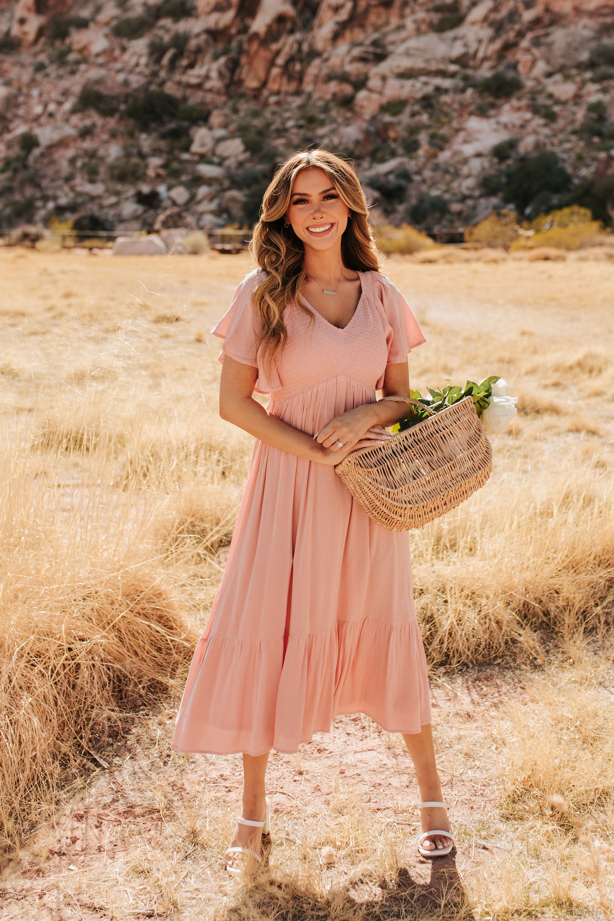 CATCH THE BREEZE MIDI DRESS IN BLUSH