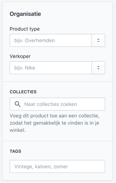 Shopify product specificaties