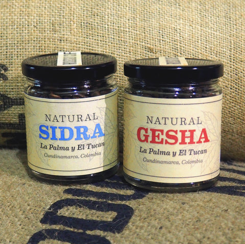 Coffee jars of Natural Sidra and Natural Gesha, La Palma y El Tucan coffee farm 