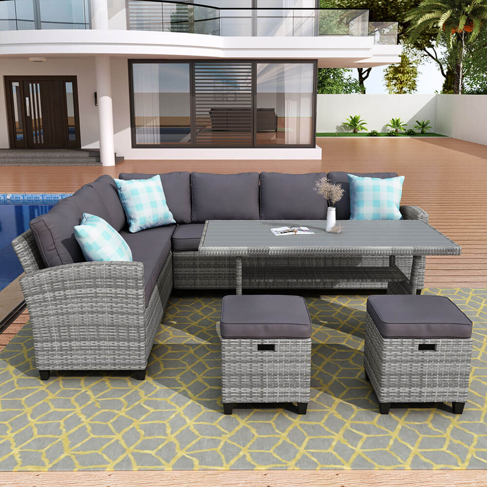 5 Pcs Outdoor Sectional Rattan Patio Dining Set with Ottoman & Pillows