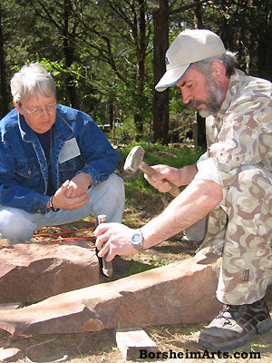 Pat Moore learns how to split stone from Vasily Federouk Texas workshop