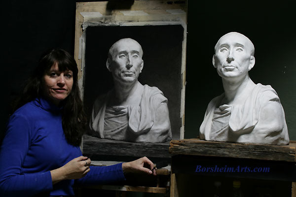 Artist Kelly Borsheim draws in Charcoal on Niccolo' da Uzzano
