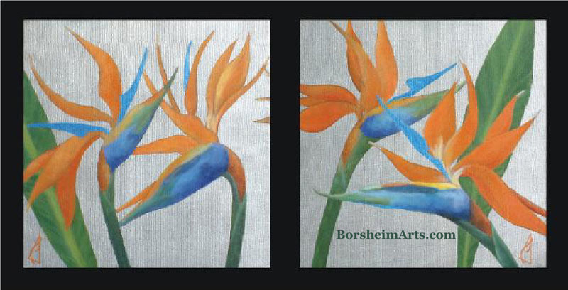 Birds of Paradise Diptych Painting Acrylic with Metallics