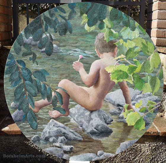 Lollipop, 30-in diameter, Oil on Wood Painting of young nude boy in river