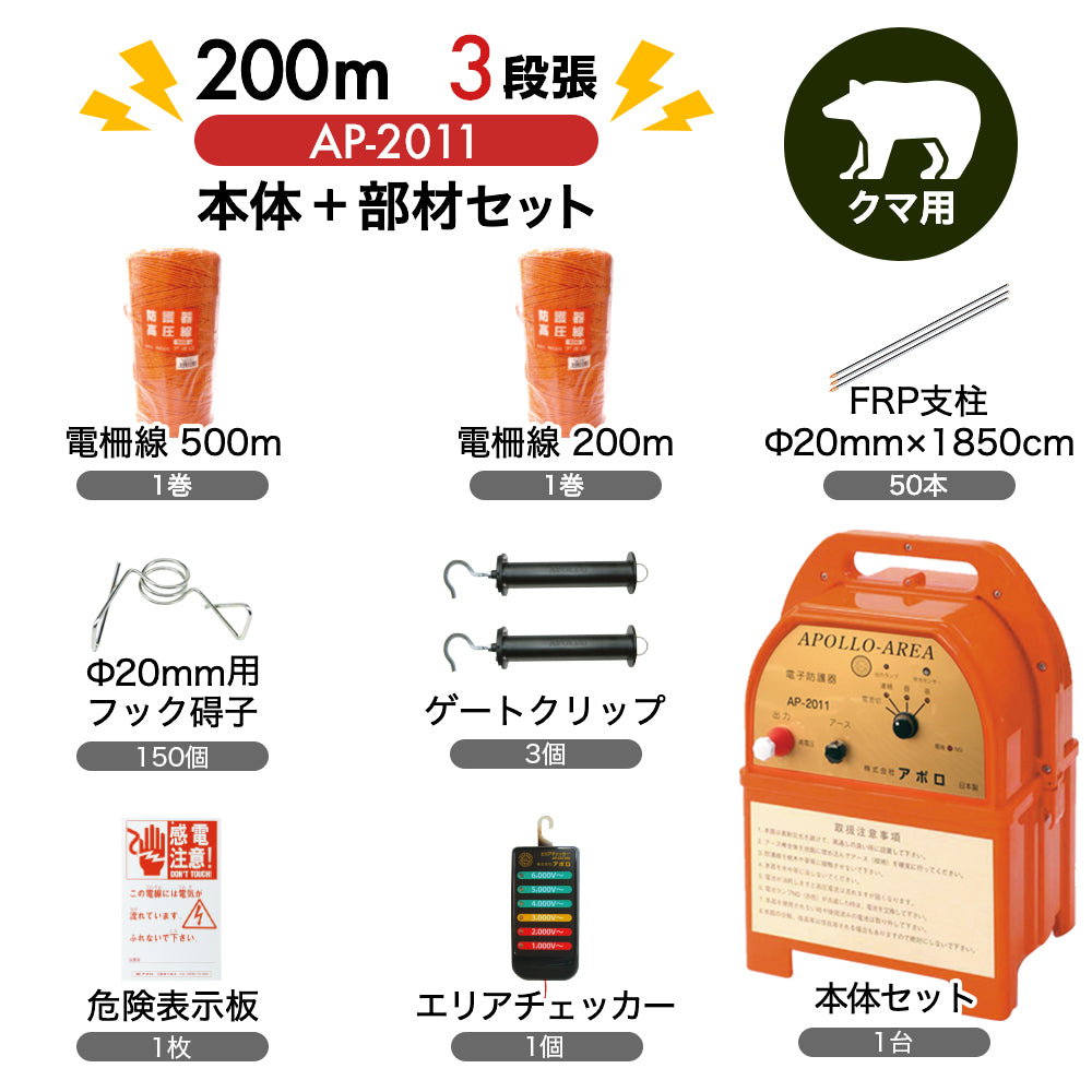 ◇限定Special Price ミナトワークスアポロ 電気柵 1000m×2段張り イノシシ用セット 電池式 イノシシ用 猪用 防獣フェンス 電柵  電気牧柵