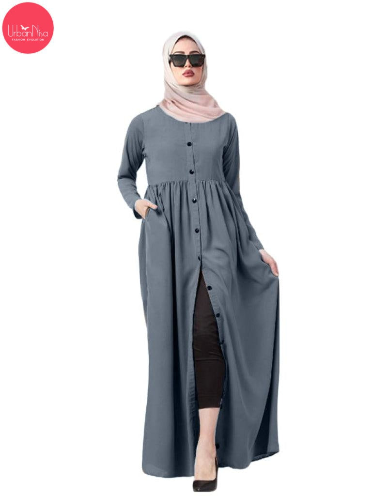 DH - Angelina - Frock Style Front-Open Abaya - Dark Gray Nida ...