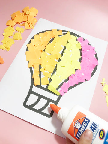 Continue covering each part of the Hot Air Balloon Template using the glue and pasting pieces of paper. You may use different colors also. 