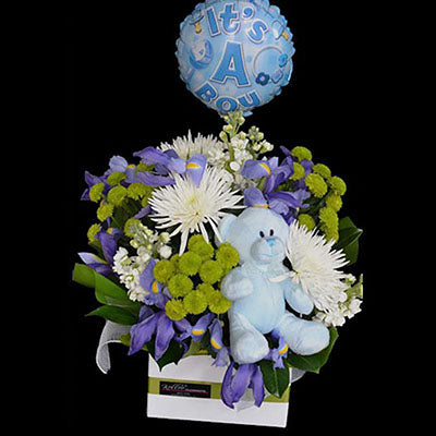 Baby boy blue flowers teddy bear balloon gift package