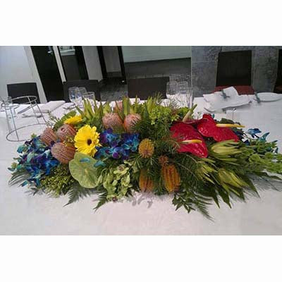 Bright red green anthuriums yelllow gerberas blue orchids long low centerpiece
